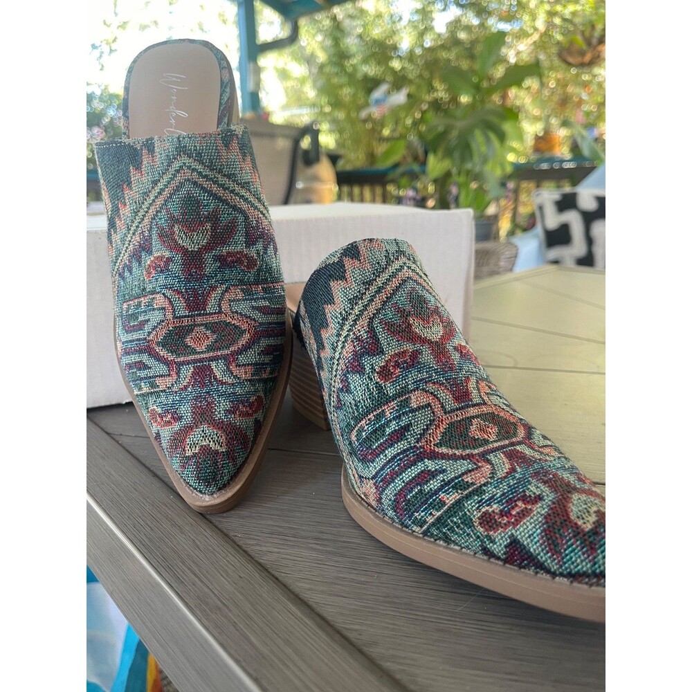 Wonderly Lasso 7 Textile Upper Mules Block Heel Aztec Boho Santa Fe Western Boot